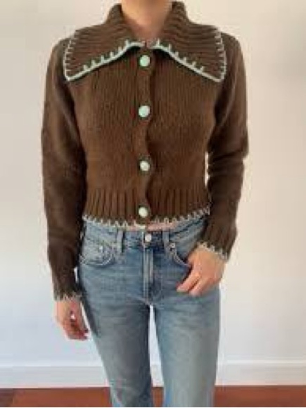 Zara Brown Cropped Cardigan with Mint Trim